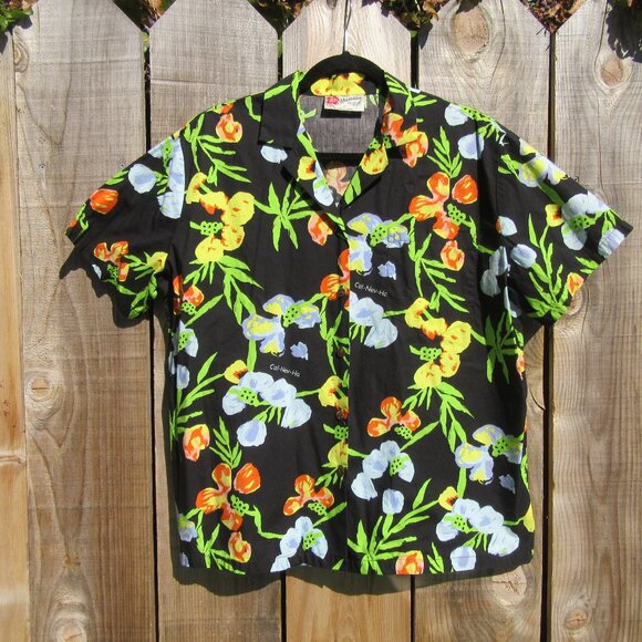 Hilo Hattie Cal-Nev-Ha Black Floral Hawaiian Shirt Men's Size Medium - Picture 1 of 5